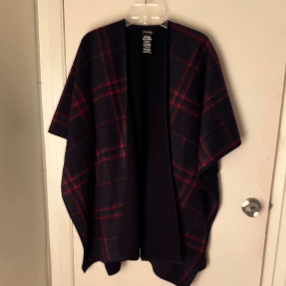 Ike Behar Red and Navy Plaid Poncho